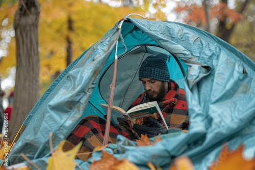 Wallpaper Mural Homeless Person Reading a Book in a Makeshift Tent, Portraying Resilience and Dignity Amid Adversity. Torontodigital.ca