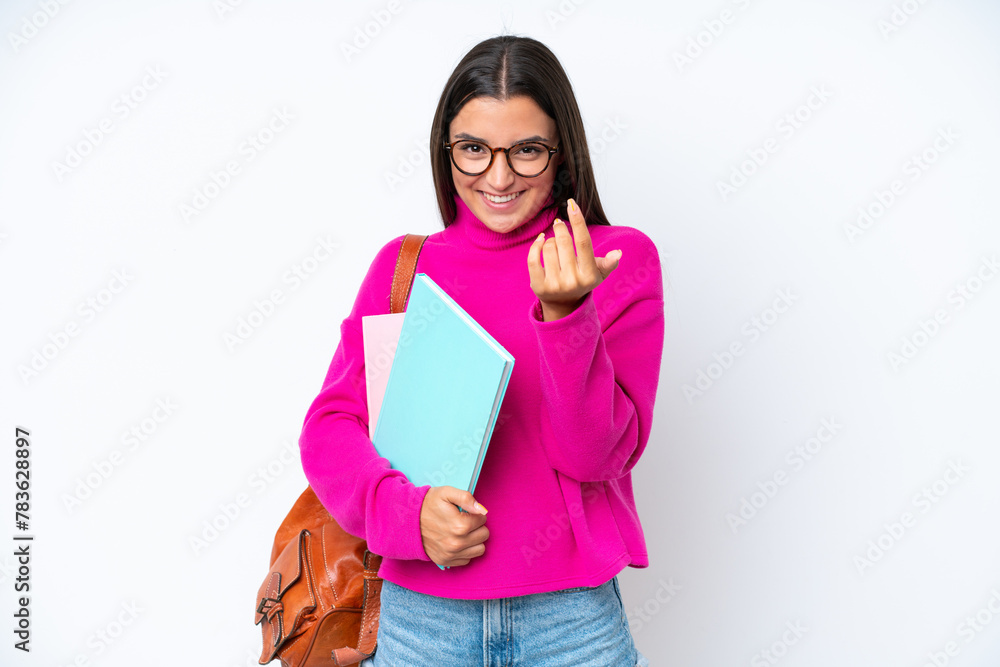 Young student woman isolated on white background inviting to come with hand. Happy that you came Young student woman isolated on white background inviting to come with hand. Happy that you came