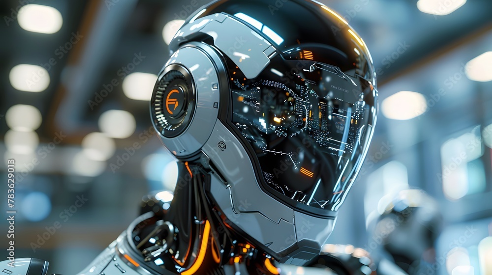 Sleek futuristic robot, metallic grey and black colors, helmet high-tech, setting industrial, details design advanced, embodying innovation's sense and power, design advanced. Sleek futuristic robot, metallic grey and black colors, helmet high-tech, setting industrial, details design advanced, embodying innovation's sense and power, design advanced.