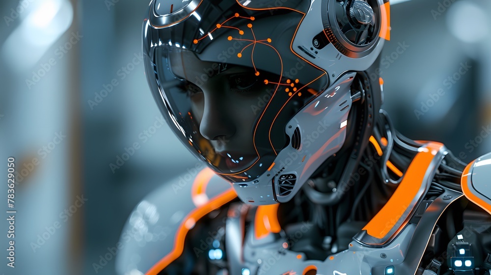 Sleek futuristic robot, metallic grey and black colors, helmet high-tech, setting industrial, details design advanced, embodying innovation's sense and power, design advanced. Sleek futuristic robot, metallic grey and black colors, helmet high-tech, setting industrial, details design advanced, embodying innovation's sense and power, design advanced.