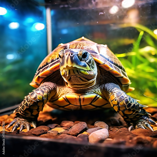 Aquatic Captivity: Small Pet Turtle in Aquarium at Pet Store photo
