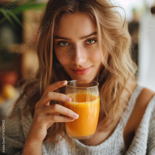 woman with blonde hair holding a glass of orange juice and smiling