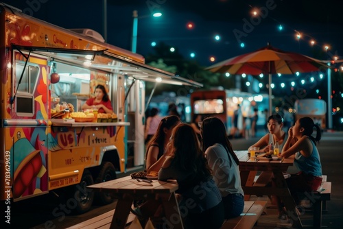 people sitting at tables next to food trucks in the evening