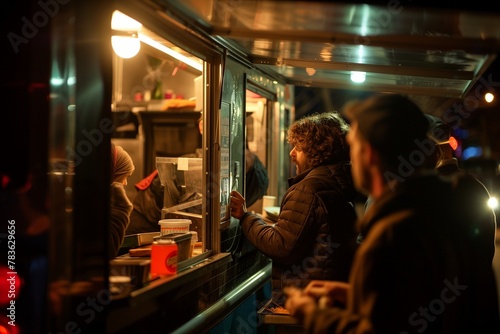 Night scene of a busy food truck with customers eagerly waiting for their orders, AI-generated.