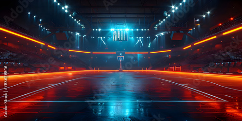 Basketball arena with glowing court and high-tech illuminated stands - Ai Generated