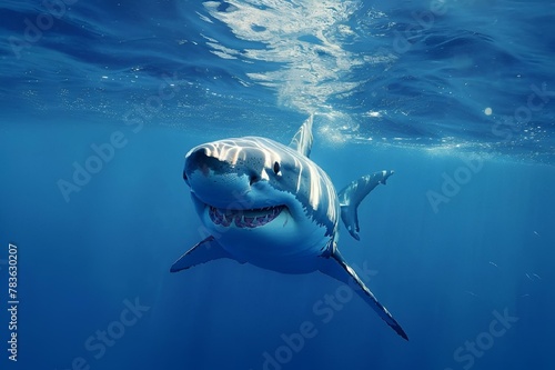 AI generated illustration of a shark swimming in deep blue water © Wirestock