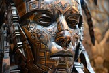 Mystic mech with etched Aztec facial designs, carbon fiber plumes, industrial setting