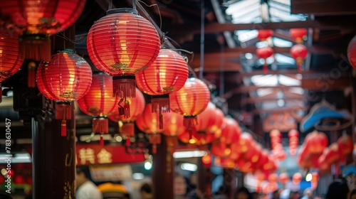  A set of red hanging lanterns glowing with bright, beautiful lights. The lanterns provide a festive and welcoming atmosphere in the surroundings.