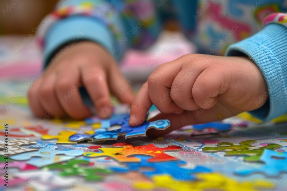 Close-up of Autistic Child's Hands Sorting Puzzle by Color and Shape, Reflecting Methodical Approach to Chaos and Order. Close-up of Autistic Child's Hands Sorting Puzzle by Color and Shape, Reflecting Methodical Approach to Chaos and Order.
