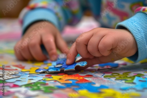 Close-up of Autistic Child s Hands Sorting Puzzle by Color and Shape  Reflecting Methodical Approach to Chaos and Order.