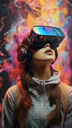 Beautiful young girl in headphones and VR set on a psychedelic multicolored background
