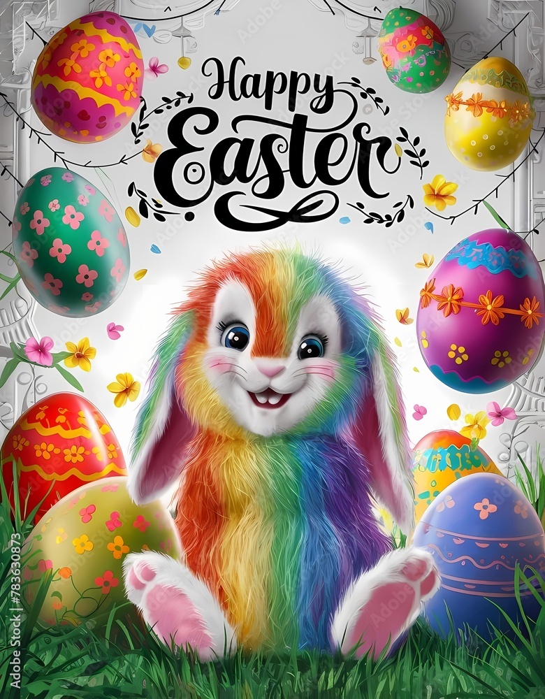 Naklejka premium Cheerful illustration featuring a cute rainbow furry baby bunny surrounded with a vibrant, colorful Easter eggs. The words 