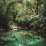 AI generated illustration of a serene river flowing through a lush forest with rocks and clear water
