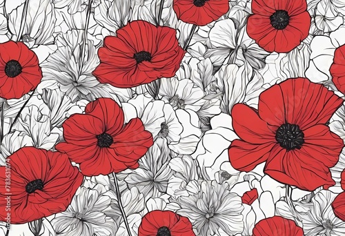 AI generated illustration of red and white flowers blooming on a white surface with linear patterns