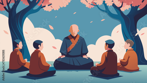 Under the shade of a cherry blossom tree a serene elderly monk leads a meditation session for a group of young monks his gentle voice guiding