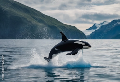 a lone whale jumps out of the water in front of mountains