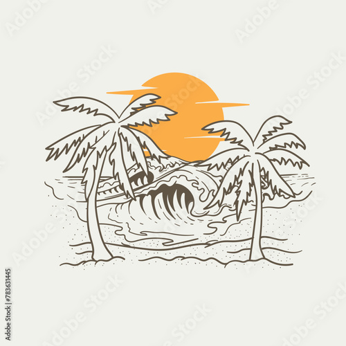 Tropical beach with palm trees. Hand drawn vector illustration

