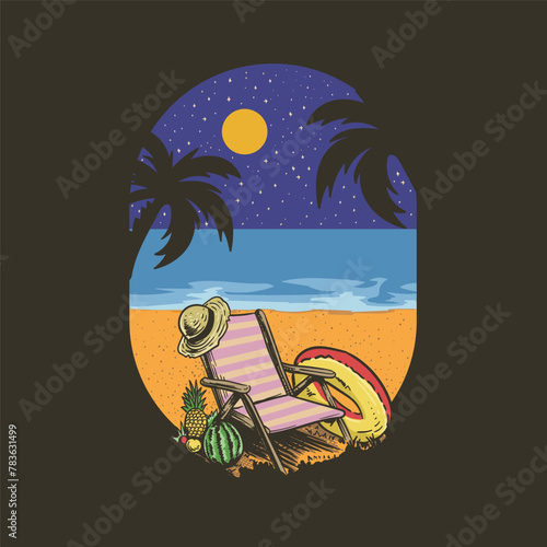 Beach chair and palm trees. Vector illustration in vintage style
