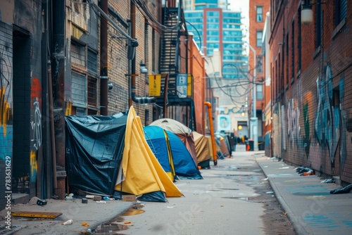 Row of Makeshift Homeless Shelters Installed in Urban Alley, Illustrating the Impact of Homelessness Issue and Need for Support. photo