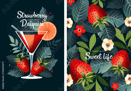 Beautiful trendy cards with strawberries and cocktail. Stylish flat graphics and original design for card, poster, flyer, banner and other