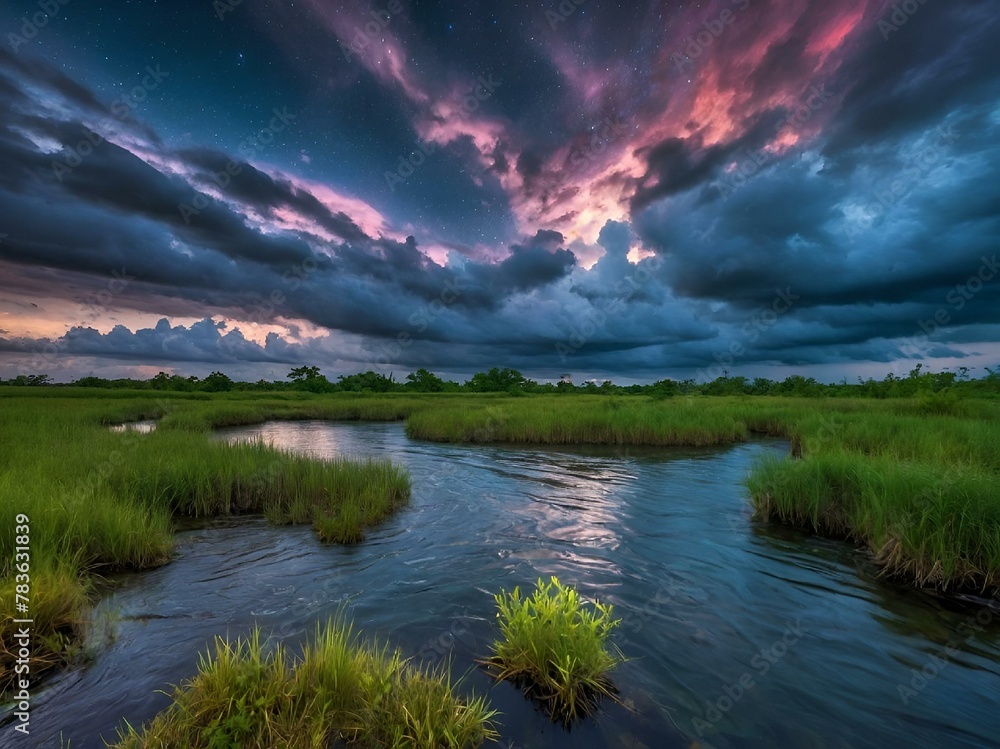 AI generated illustration of vivid pink and purple sky over swamp and water
