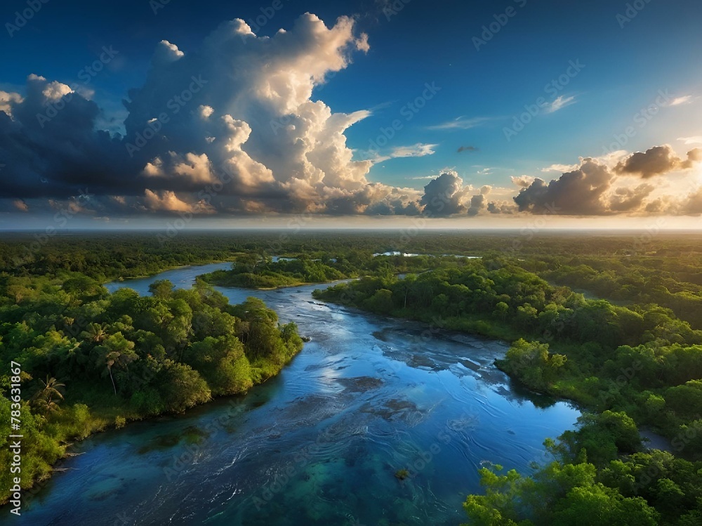 AI generated illustration of the sun setting over blue river and lush green forests