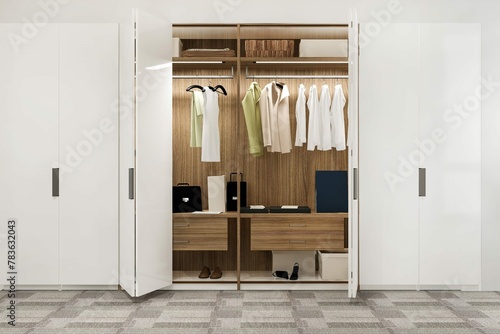 3D Rendering Minimal Scandinavian Wood Walk Closet With Wardrobe 7 © Anum