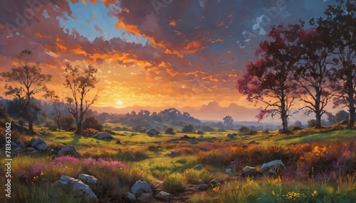 Vibrant oil painting of trees and flowers under the sunset, AI-generated.