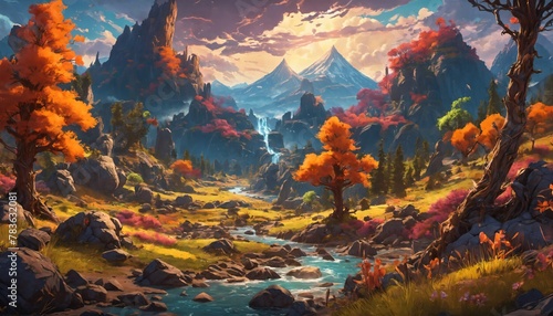 Autumn wallpaper featuring trees and mountains, AI-generated.
