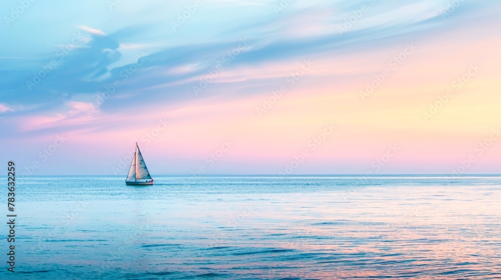 Obraz premium A lone sailboat on the horizon, bathed in the golden glow of sunset, against a canvas of dreamy ocean blues and pinks.