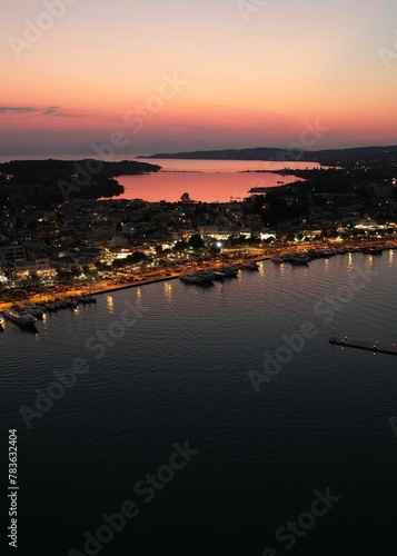 Drone view of Porto Cheli, a summer resort town in Argolis, Greece at evening photo