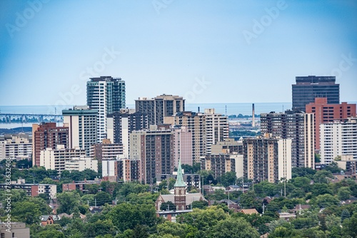 Aerial view of Hamilton skyline in Canada with old buildings and skyscrapers and church in middle