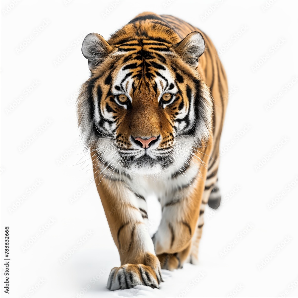 A tiger in stride, directly facing the camera on a plain white background.