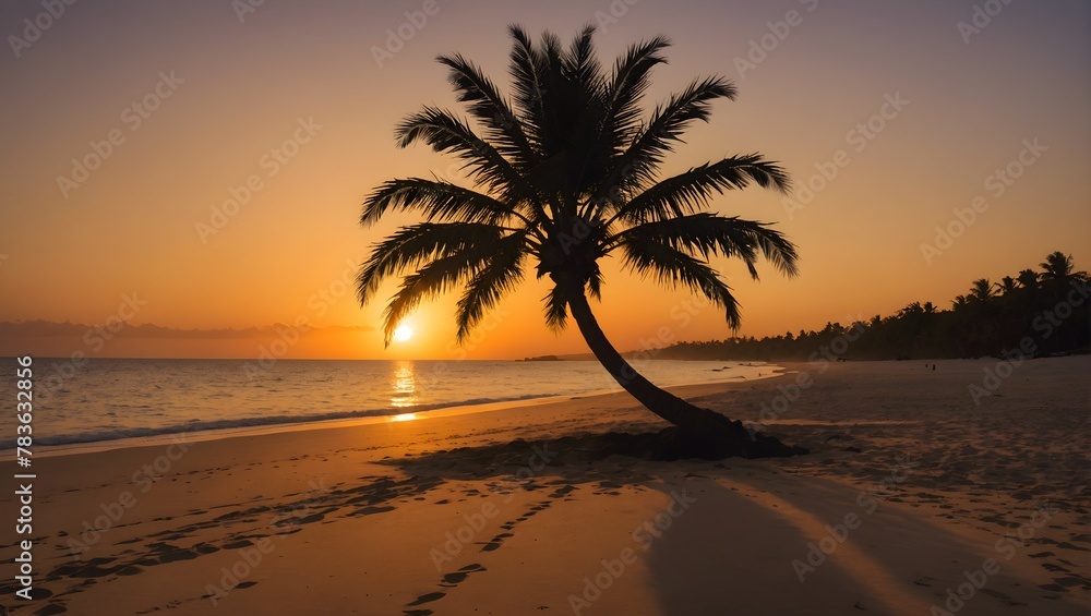 A solitary palm tree silhouetted against a fiery sunset, casting long shadows on the golden sand of a secluded beach.