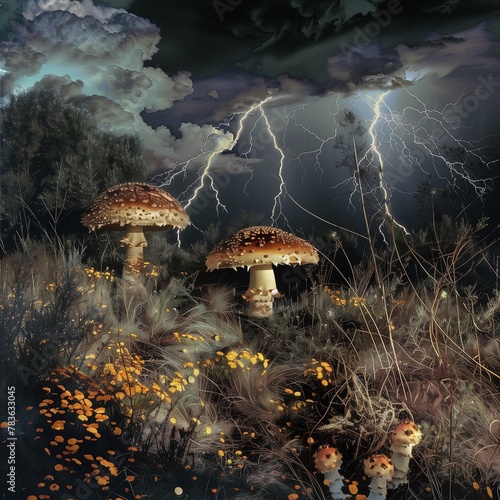 AI-generated illustration of Mushrooms illuminated by moonlight on a stormy night