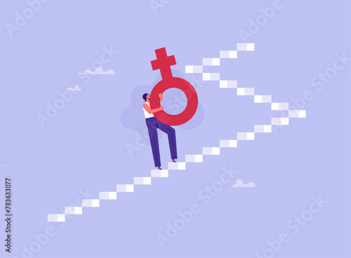 Gender inequality or women rights concept, woman climbing ladder and carrying female symbol, show the power of women, strong, equality. The diversity of nationalities in work and business