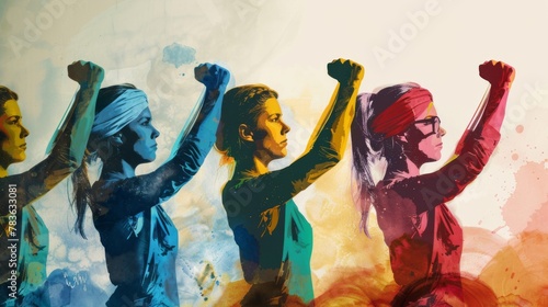 AI generated illustration of a diverse group of vibrant women raising arms in celebration