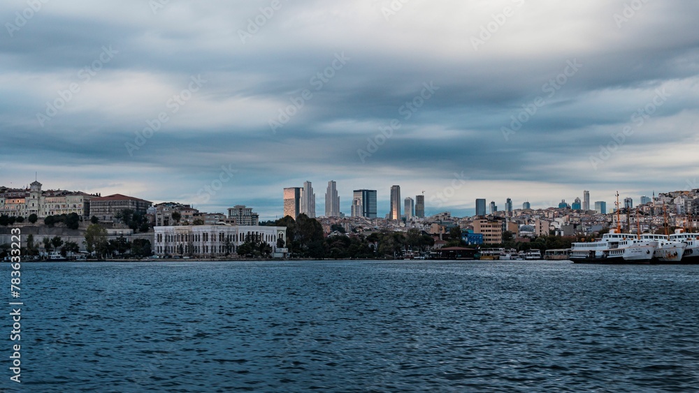 Scenic view of the Bosphorus Strait against the Istanbul skyline on a cloudy day in Turkey