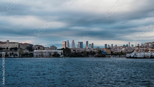 Scenic view of the Bosphorus Strait against the Istanbul skyline on a cloudy day in Turkey
