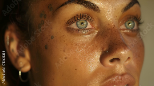 AI generated illustration of a woman with striking green eyes and face tattoos © Wirestock