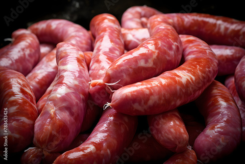 Pork sausages on a farmers market stand
