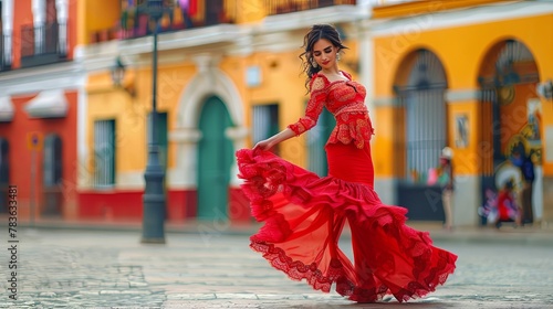 Beautiful female flamenco dancer in traditional dance dress. Flamenco is traditional Seville dance in Spain photo