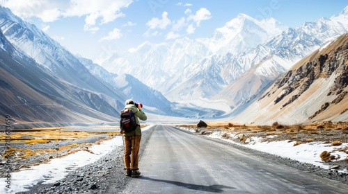 A lone traveler with a camera capturing the rugged beauty of a mountain pass, each photo a testament to the journey's allure