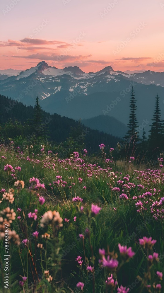 AI generated illustration of a scenic field of flowers on mountains at sunset