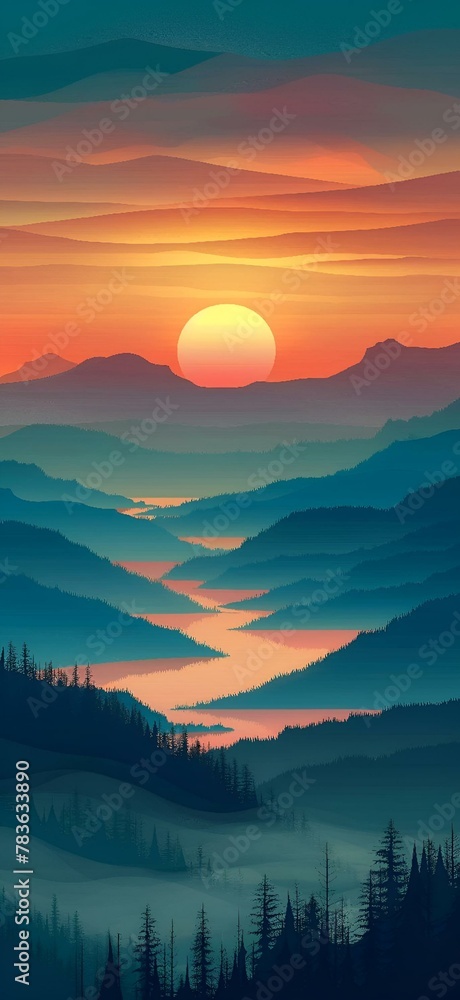 AI generated illustration of sunset over distant hills with cloudy sky