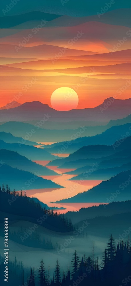 AI generated illustration of a scenic sunset over mountains with rolling hills and clouds