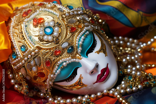 Wallpaper Mural Banner consisting from traditional species carnival mask in beads for celebration holiday Purim, Ai generated Torontodigital.ca