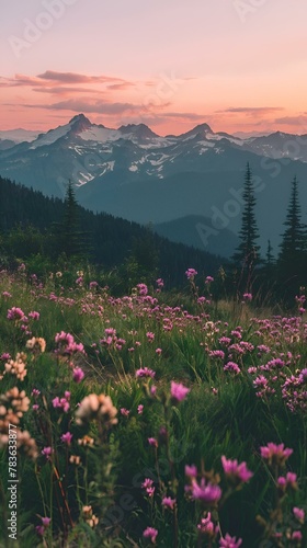 AI generated illustration of a scenic field of flowers on mountains at sunset © Wirestock