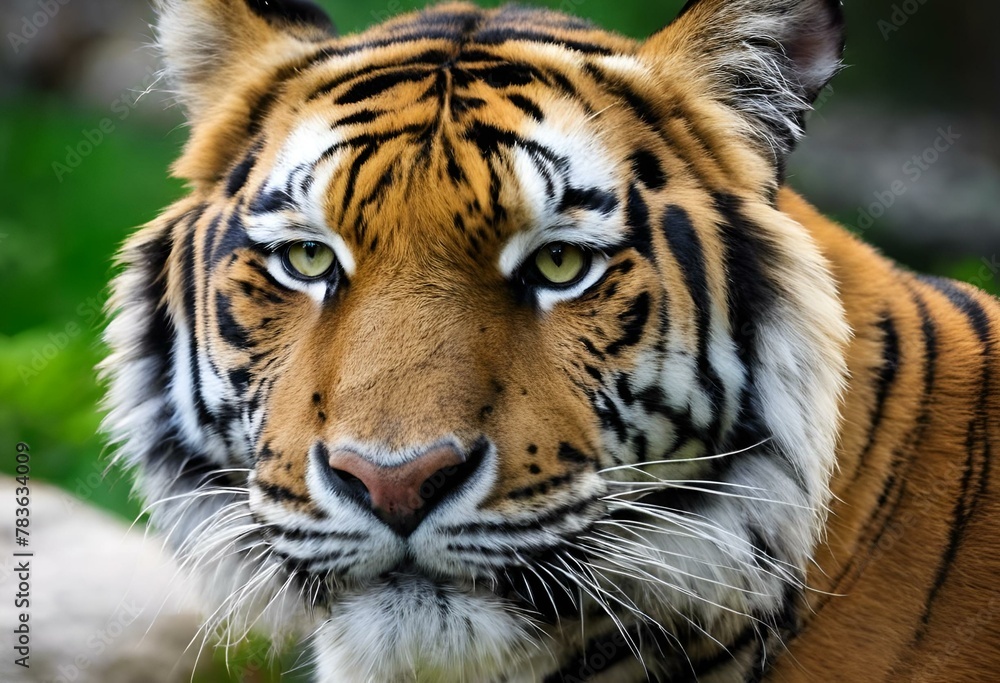 AI generated illustration of a large tiger in a grassy field with a large boulder