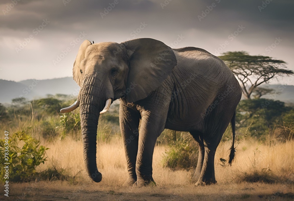 AI generated illustration of an elephant strolling in grass with tree in background